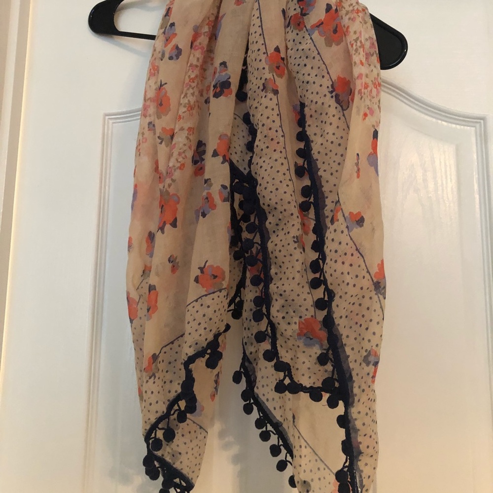 Floral Scarf with Poms Around the Edge